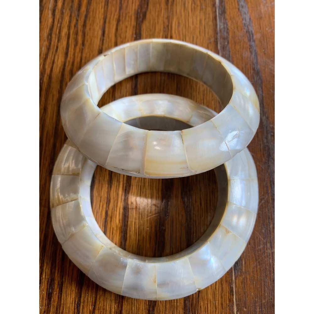 Vintage Mother of Pearl MOP Inlay Chunky Bangle Bracelet Set Cream 2pc